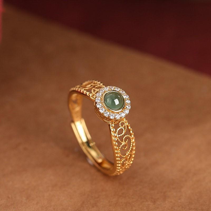 Adjustable Open Ring Women Men Vintage Geometric Filigree Gold Plated Copper With Jade Inlay Adjustable Open Band