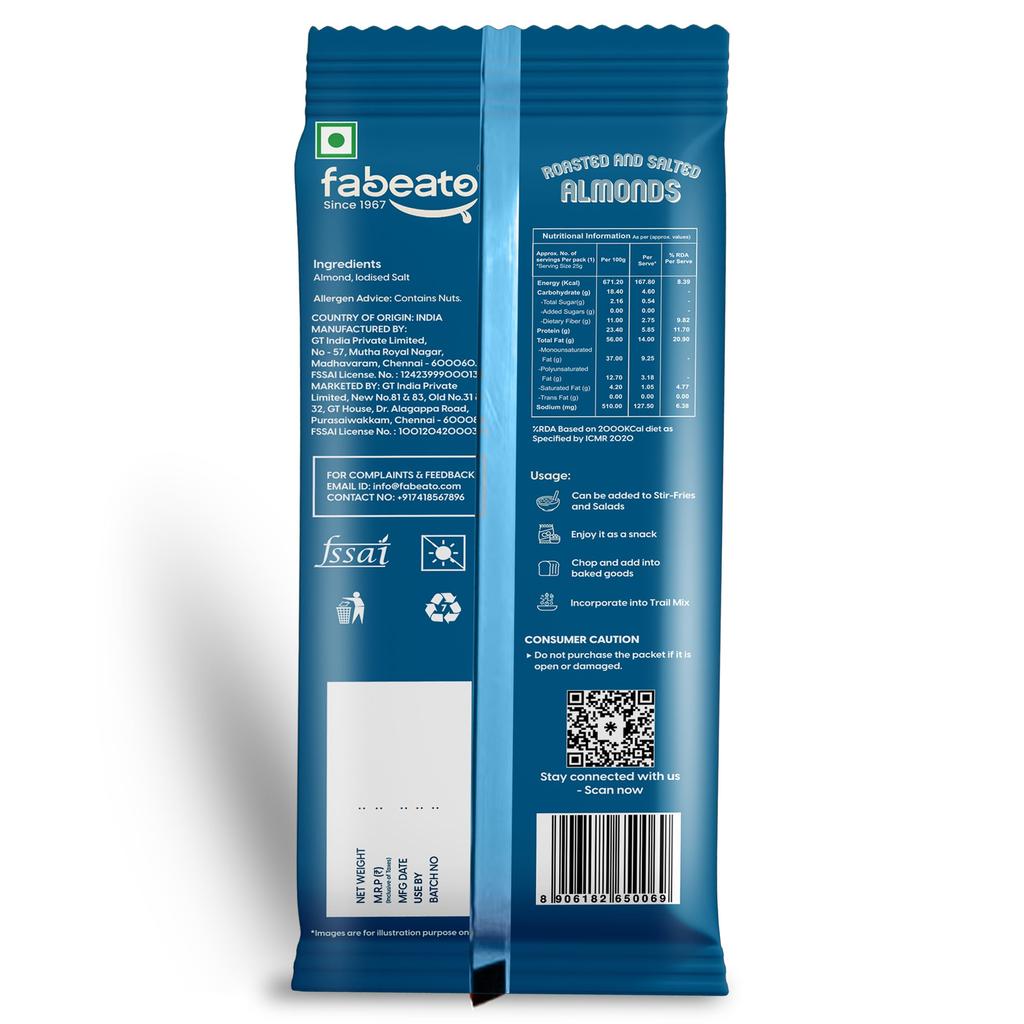 Fabeato Munch on the Go Snack Premium geröstete und gesalzene Mandeln | Knusprig | Proteinreich Jede Packung 25g | 10er Packung