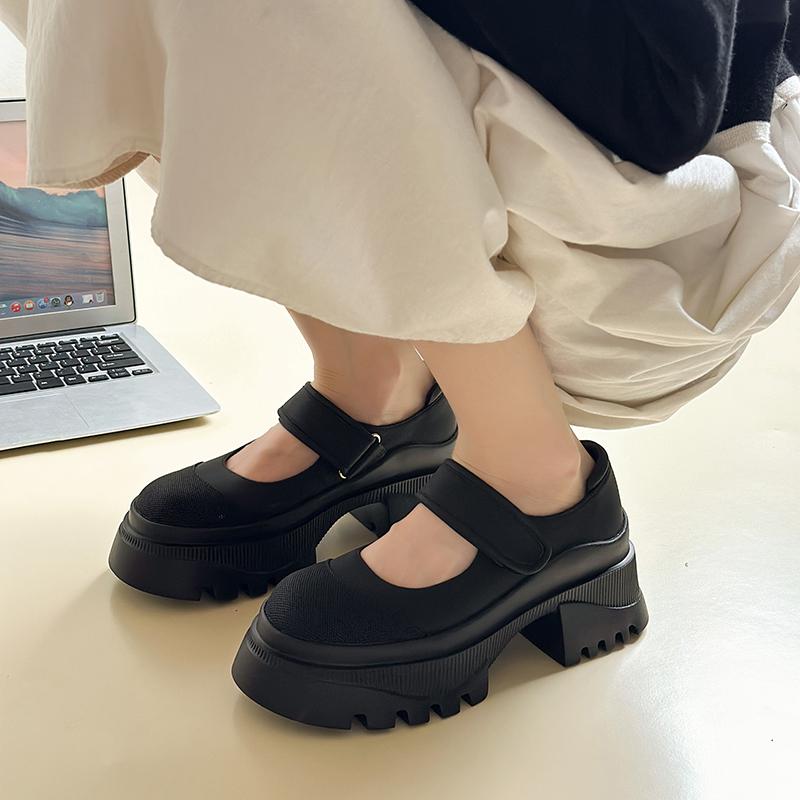 Fashion Women Hook & Loop Square Mid Heels Solid Round Toe Lolita Shoes for Women Solid Summer Pumps Plus Size Zapatos De Mujer