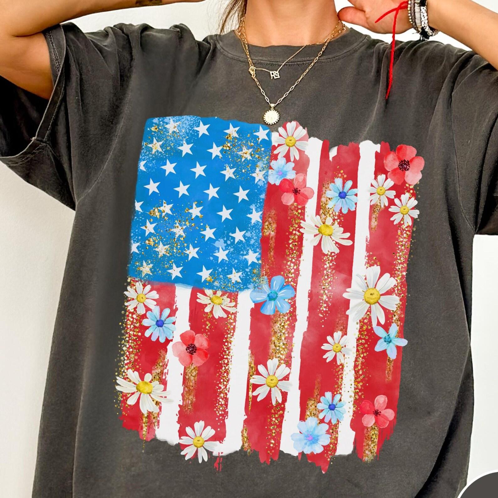 Flower Brushstroke America Flag Comfort Colors® T-Shirt, 4th July Flower Shirt, USA Flag Tee, American Flag Flower Shirt, Fourth of July Tee S