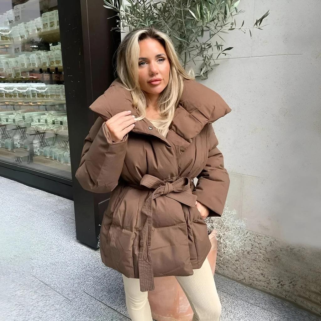 Women's Belted Lapel Puffer Jacket Coat, Winter Fashion Outerwear, Casual Tie Waist Long Sleeve Trench