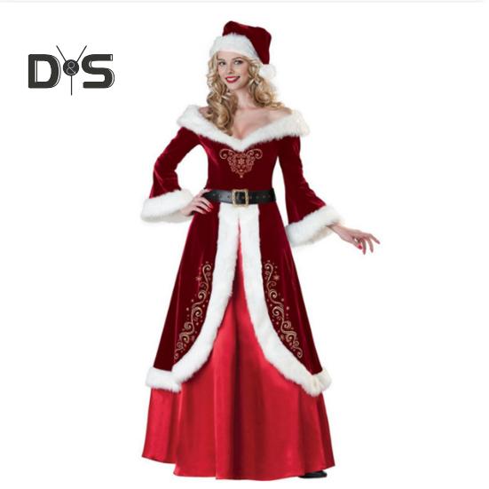Women Christmas Dress Santa Cosplay Off Shoulder Color Matching Retro Yoyal Style with Belt And Hat A-line Performance Party Festive Costume