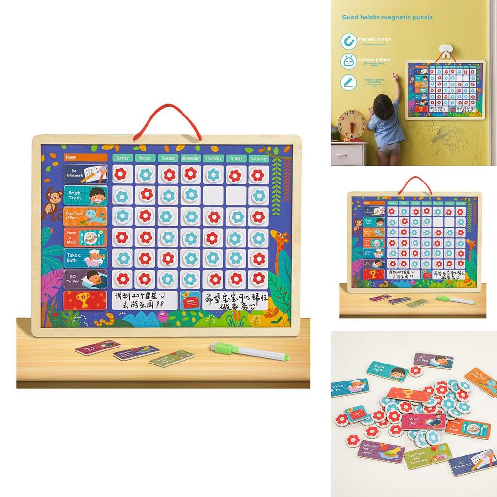 Wooden Childrens Habit Tracking Chart With Reward Stickers For Behavior Growth