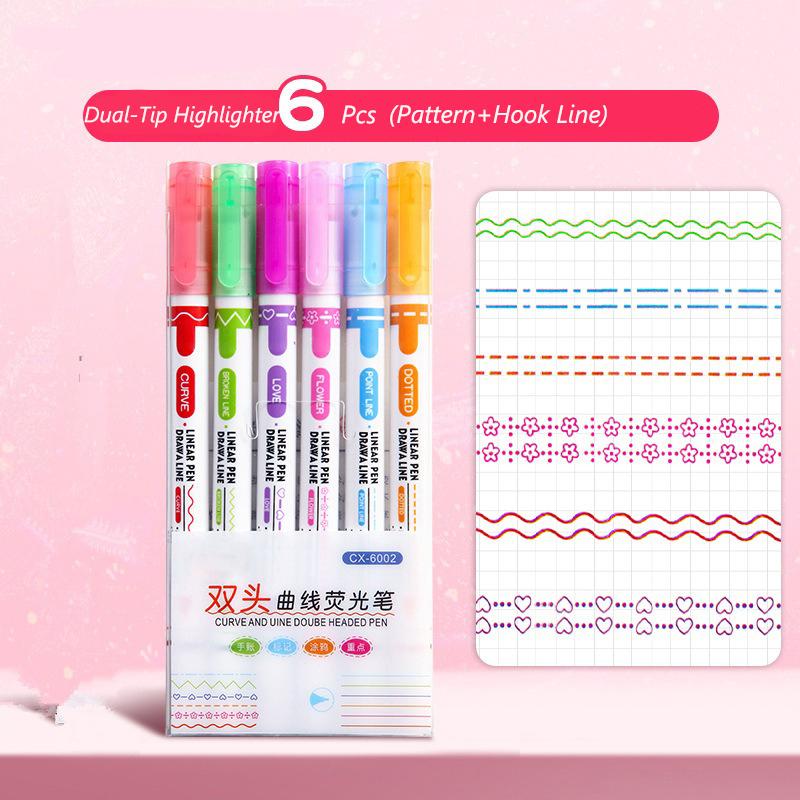 6 Pc/Set Flower Shape Outline Wavy Line Highlighter Pens Dual-Side Writing Markers Pens For Kids Students Journal Doodling