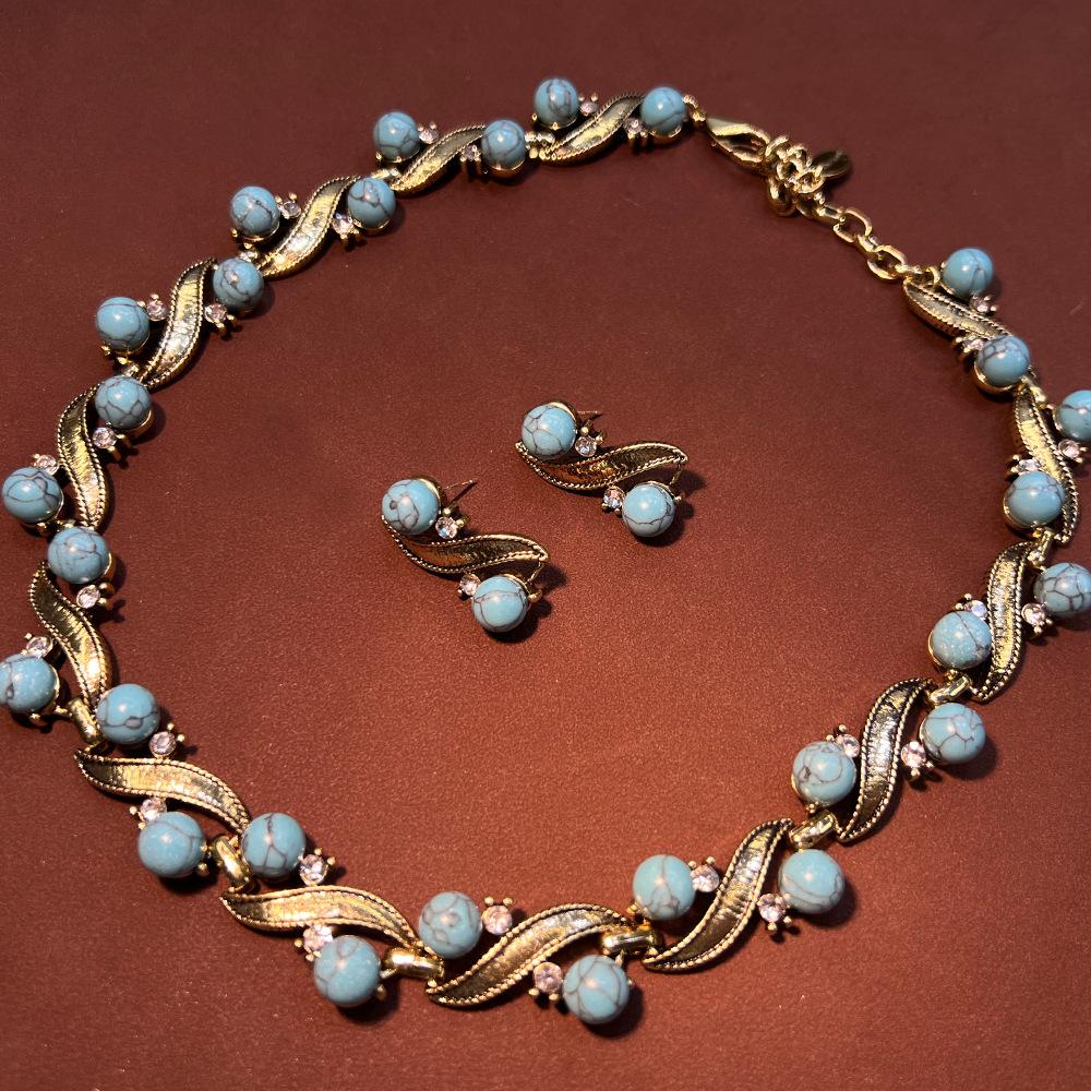 Französischer Türkis Altes Retro Schmuckset Hoher Sinn Vielseitige Halskette Ohrringe