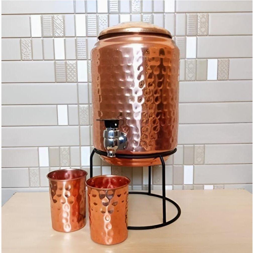 5 Litre Hammered Copper Water Dispenser (Matka/Pot) Container Pot with 1 Copper Glass and Stand,Pure Copper and Ayurvedic Health Benefits (5000 Ml)