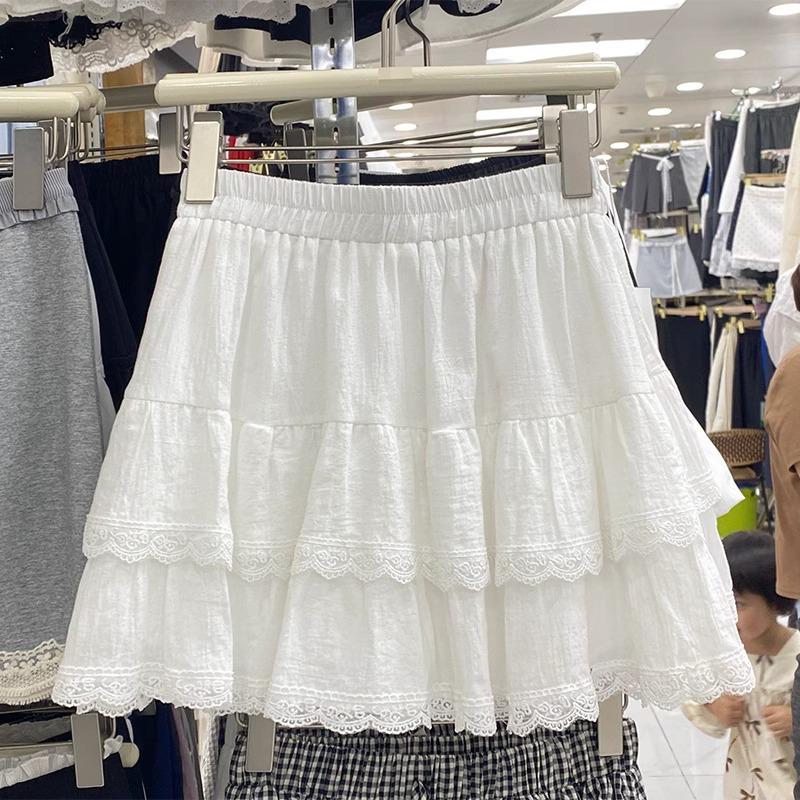 2025 Summer Women's High-Waist Slimming A-Line Mini Skirt: White Lace Layered Ballet Style
