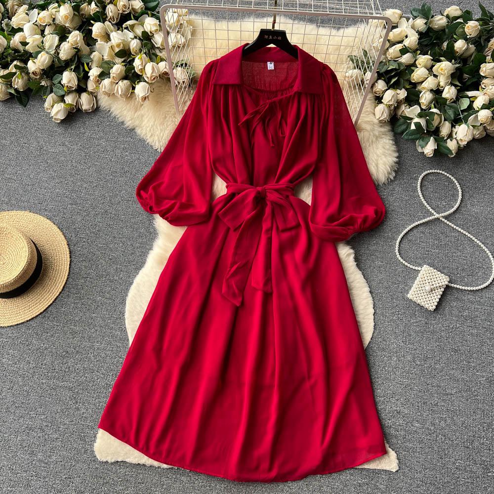 Francouzské šik Maxi šaty pro ženy Sklopný límec Lucerna Rukáv Šněrovací Dámské letní šaty Dámské Vestidos Dropship