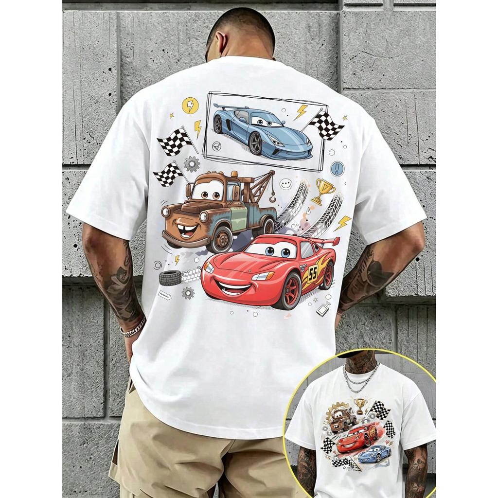 Disney Cars Lightning McQueen T-shirt 95 Think Fast Double-Sided Print Cotton Men Women Oversized Loose Streetwear Short Sleeve Female Male Clothing