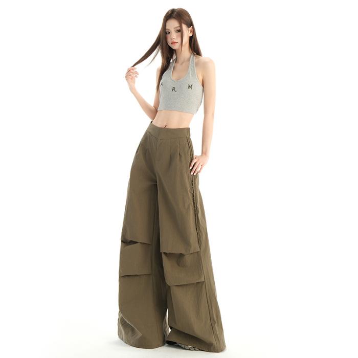 Yuppi Spice Girls, American Retro Wide Leg Overalls Women's Loose Straight Tie Casual Pants Summer