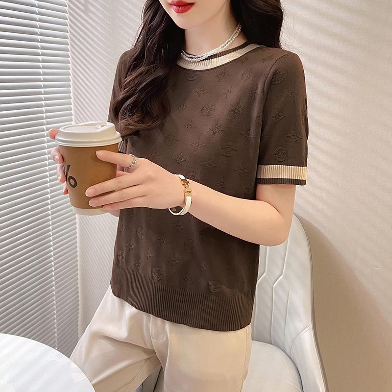 

Женская футболка с рукавом средней длины из ледяного шелка, новая модная базовая вязаная футболка для весны и лета 2025 года, модная рубашка в иностранном стиле S темно-коричневого