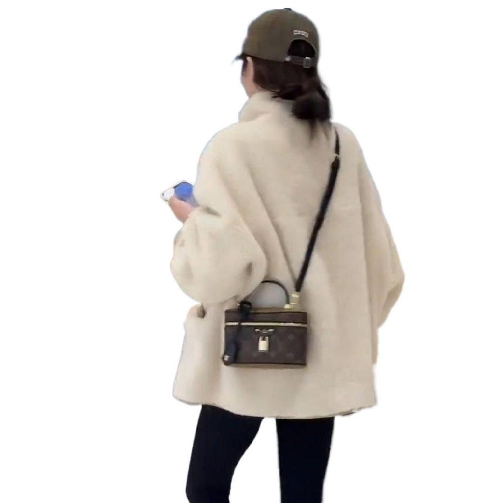 Women's Lambswool Stand Collar Coat, Loose Fit, Fur Integrated, Petite 2025, New Warm Winter Style