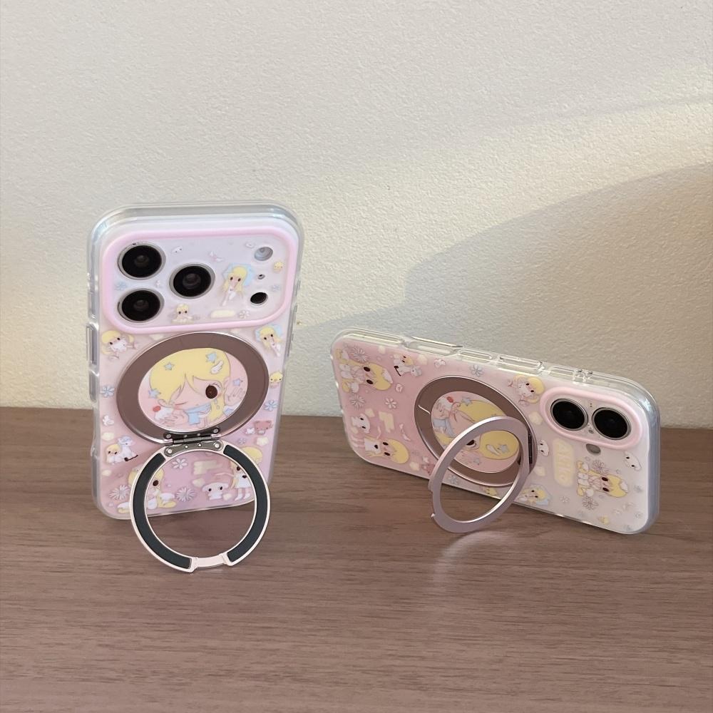 Kawaii Sweet Pink Cartoon Girl Print Phone Case for iPhone 17 16 Pro 15 16 17 Pro Max Cute Shockproof Case with Magnetic Holder