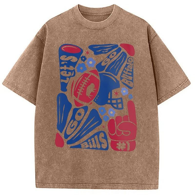 Vintage Cotton Washed Acid T-Shirt Let's Go Bills Printed Dropped Shoulder Tops Holiday Heavyweight Men Clothings