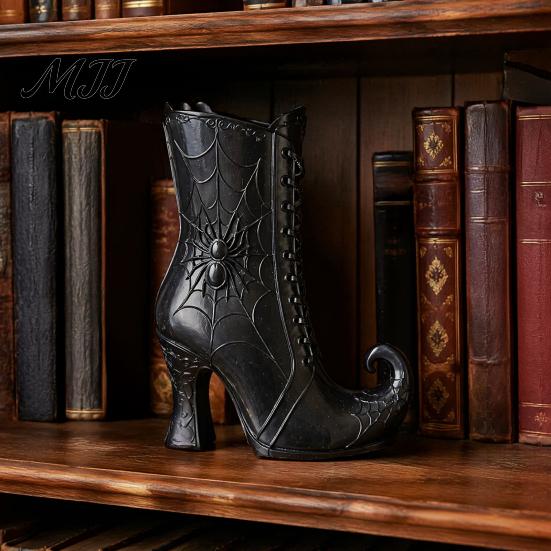 Halloween Themed Floral Display Vessel Witch Boot Vase, Gothic Spider Web Flower Vintage Style Vase for Autumn Decorative Table Centerpiece