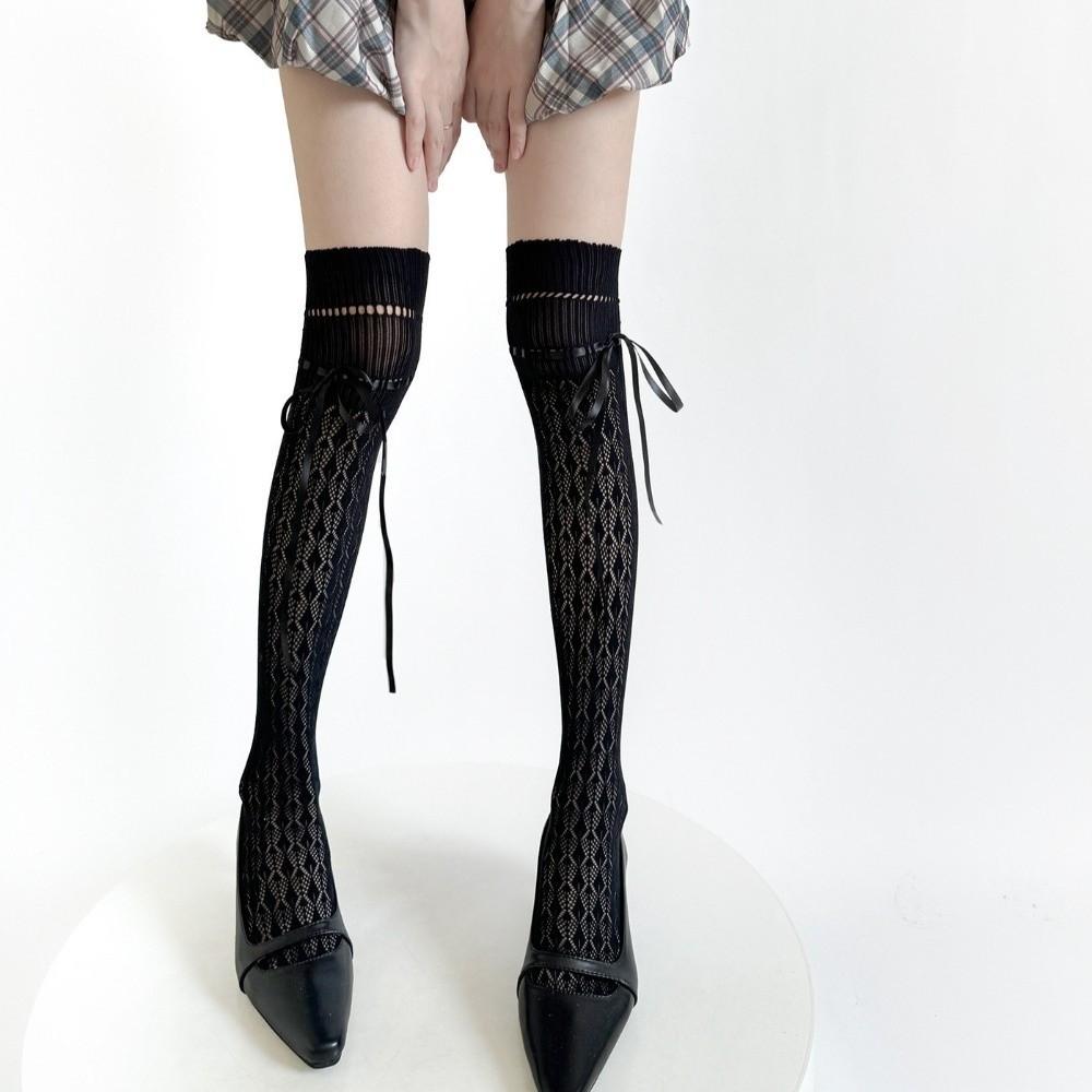 Hollow Out Lace Bow Stockings Sheer Mesh Knee High Socks New Lolita Stockings JK