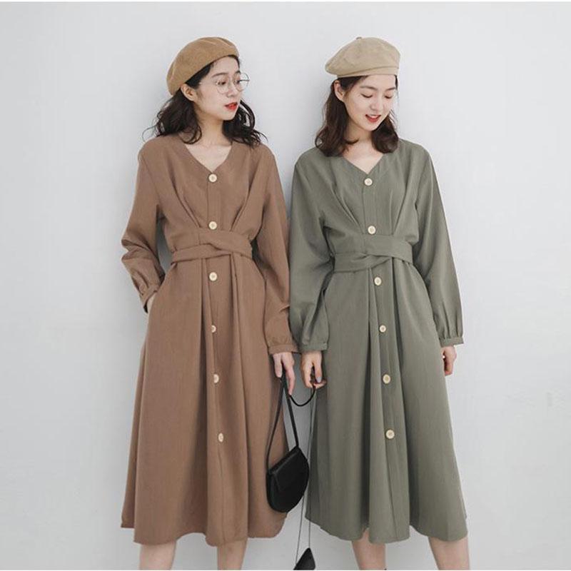 Japanese Vintage Style V-neck High Waist Lace Up Waist Dress