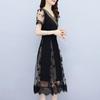 Summer V-neck Lace Dress Elegant Waist Tie Midi A-Line Dress Fashion Women Clothing