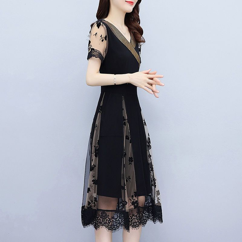 Summer V-neck Lace Dress Elegant Waist Tie Midi A-Line Dress Fashion Women Clothing