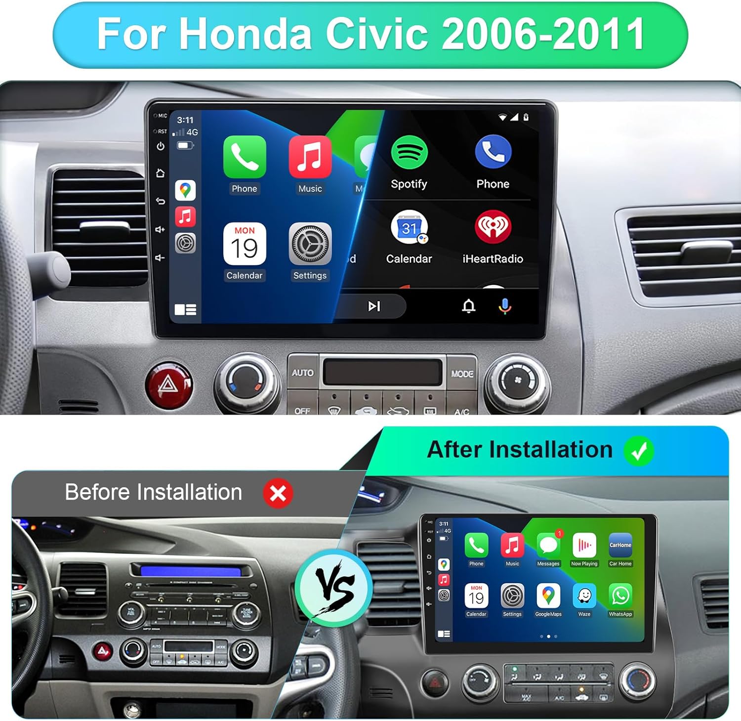 

Car Stereo Radio for Honda Civic 2006-2011, 10.1 Touch Screen with Wireless CarPlay, Android Auto, Bluetooth, GPS, MirrorLink, CIVIC 01