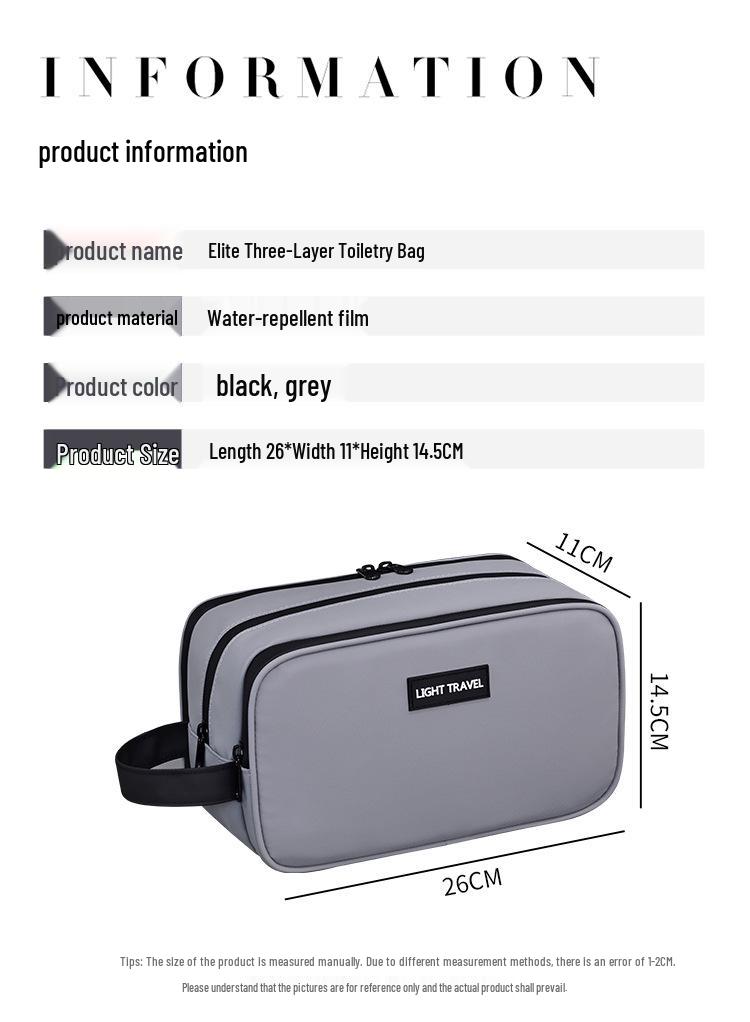 Elite Three-Layer Toiletry Bag: Wet-Dry Separation, Large Capacity, High-End Style for Business Travel
