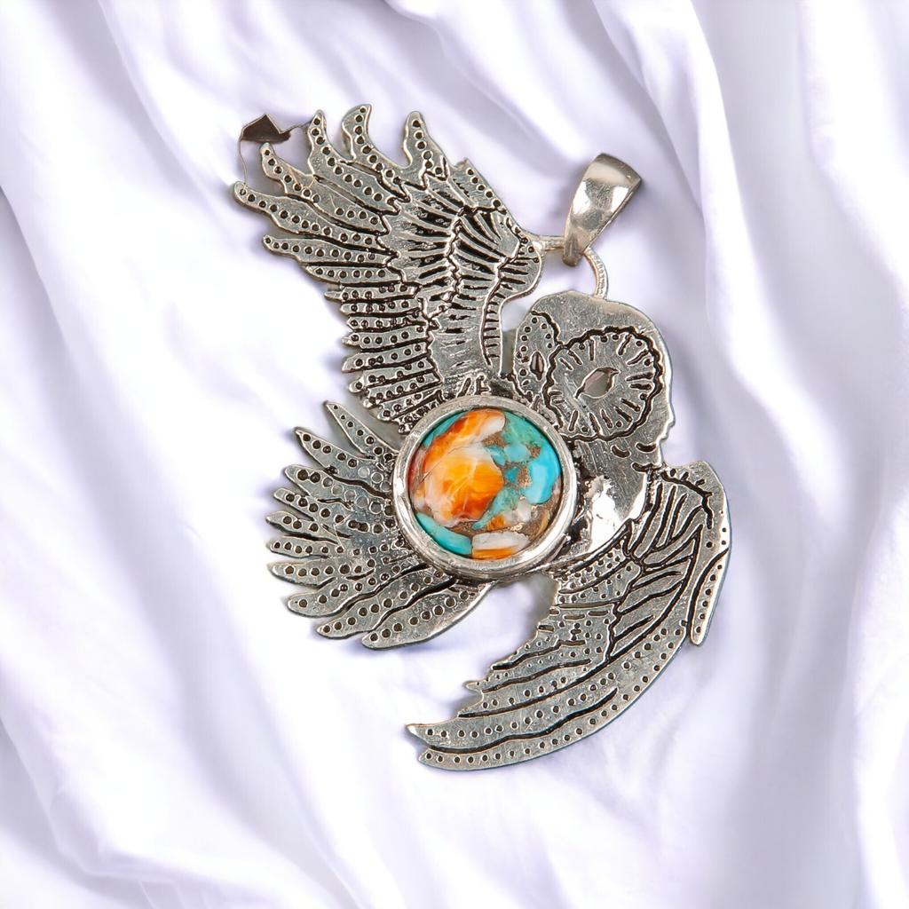 925 Sterling Silver Multi Gemstone Owl Designer Good Luck Jewelry Pendant 1.3" CP-16