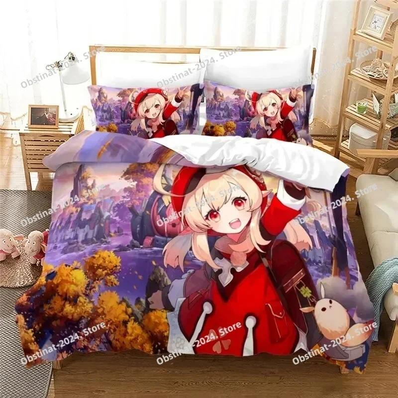 Anime Genshin Impact Paimon Printed Bed Set Duvet Cover Pillowcase Bedding Set Bed Linen Sheet Quilt Cover Full Queen King Size