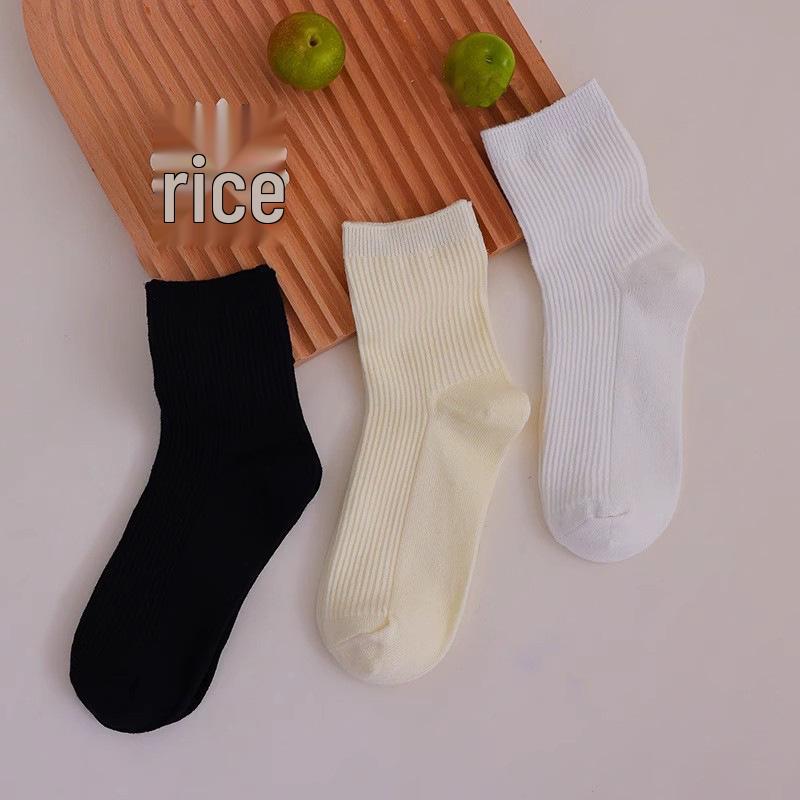 Women's High-Waisted Cotton Mid-Calf Socks, Cream, Vertical Stripes, Anti-Pilling Sports Socks