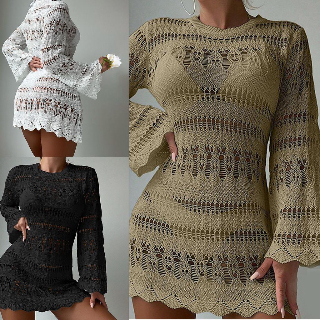 Women Crochet Beach Dress Bathing Suit Cover Up Female Long Sleeves Beach Cover Up Hollow Out Swimsuit Cover Up
