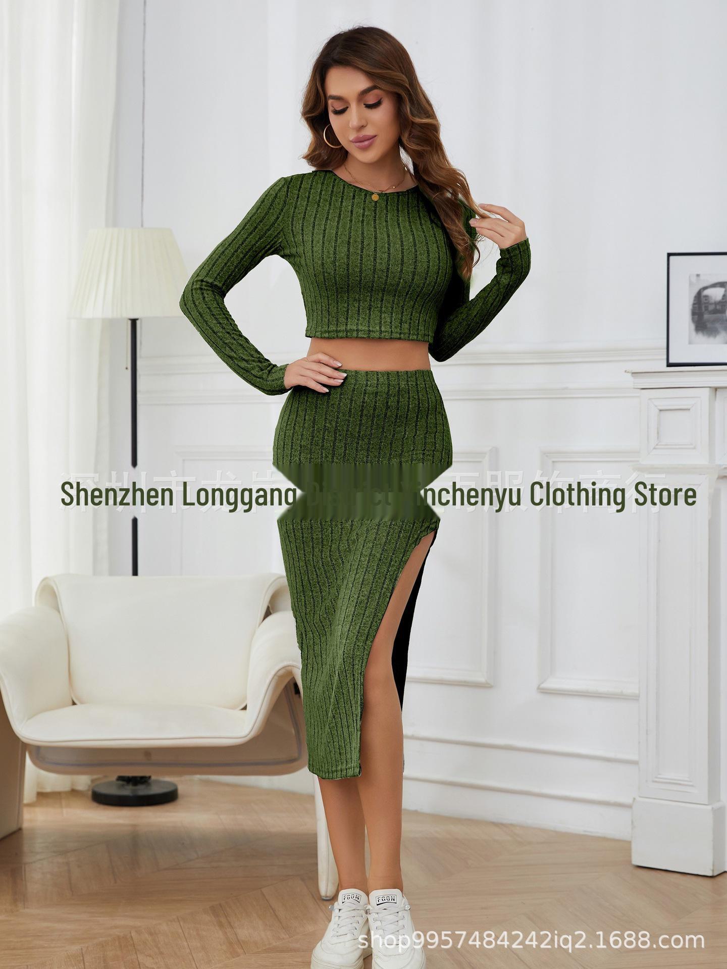 

2023 Осень/Зима Женский Однотонный Повседневный Приталенный Комплект Юбки Круглый Вырез Длинный Рукав XL зелёный