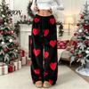 Soft Drawstring Sleeping Trousers Women Fuzzy Pants, Heart Print Wide Leg Pajama Bottoms with Elastic Cozy Winter Home Pants Waist Drawstring,