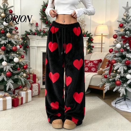 Soft Drawstring Sleeping Trousers Women Fuzzy Pants, Heart Print Wide Leg Pajama Bottoms with Elastic Cozy Winter Home Pants Waist Drawstring,