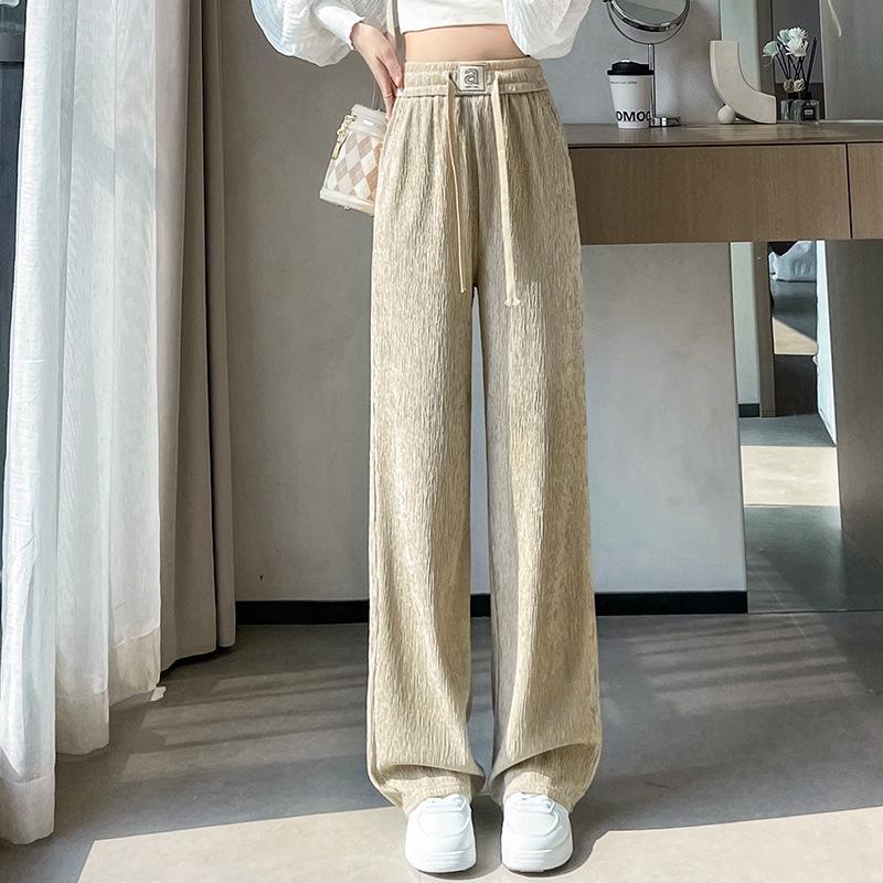 Pleated High Waist Fleece-Lined Wide Leg Pants for Women - Autumn Winter Slimming Plus Size Casual Wear
