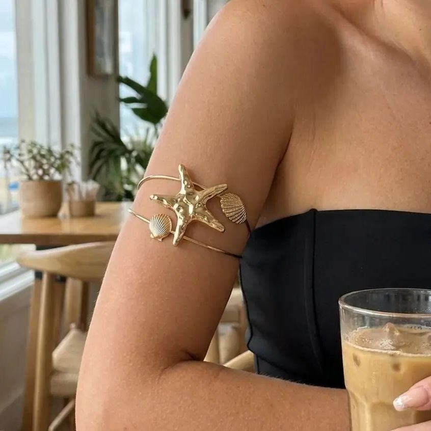 Bohemian Double Shell Upper Arm Cuff Bracelet Bangle for Women Exaggerated Starfish Armlet Summer Vacation Jewelry Gifts