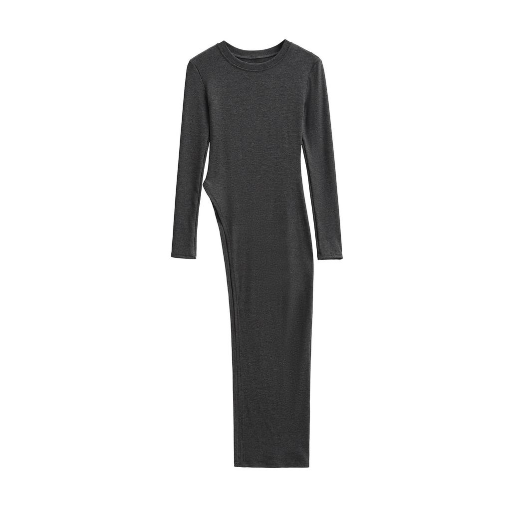 European & American Irregular Split Round Neck T-shirt Dress with Long & Short Sleeves – Women's Slim Fit Base Layer Top