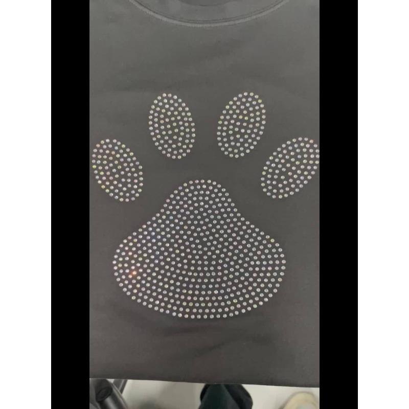 Real Paw Diamond Decorative Print T-Shirt, Short Sleeve Crew Neck Casual Top for Summer and Spring, Women's Clothing