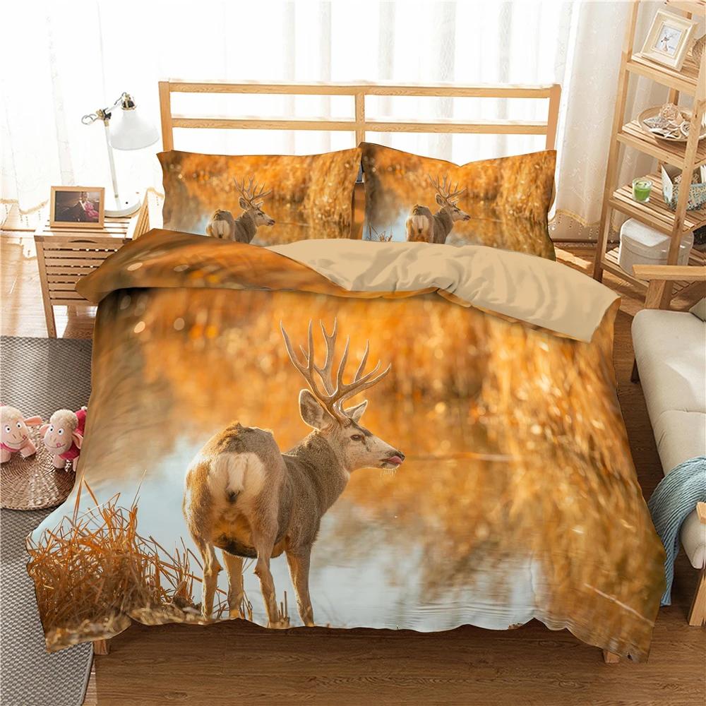 Deer Duvet Cover SetWoodland Animals Elk Moose Bear Wildlife Hunting Country Cabin Bedding SetRustic Farmhouse Comforter Cover