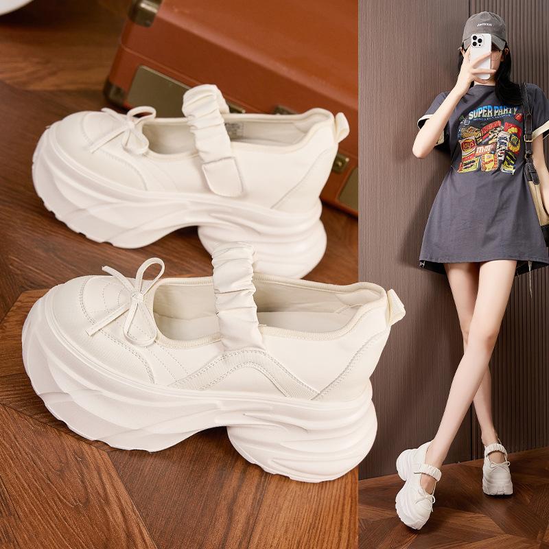 Platform Mary Jane shoes women's 2025 spring and summer new silver sweet bow inner height increase women's shoes versatile little white shoes