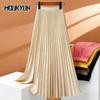 Women Maxi Skirt Elastic High Waist Pleated Skirt Solid Color Smooth Satin A-Line Skirt Work Leisure Wear