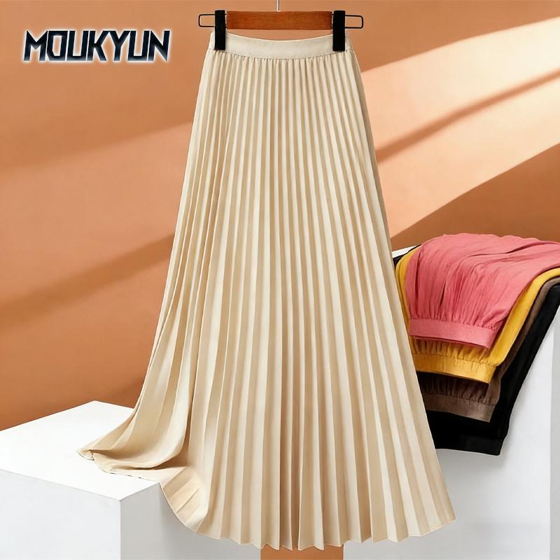 Women Maxi Skirt Elastic High Waist Pleated Skirt Solid Color Smooth Satin A-Line Skirt Work Leisure Wear