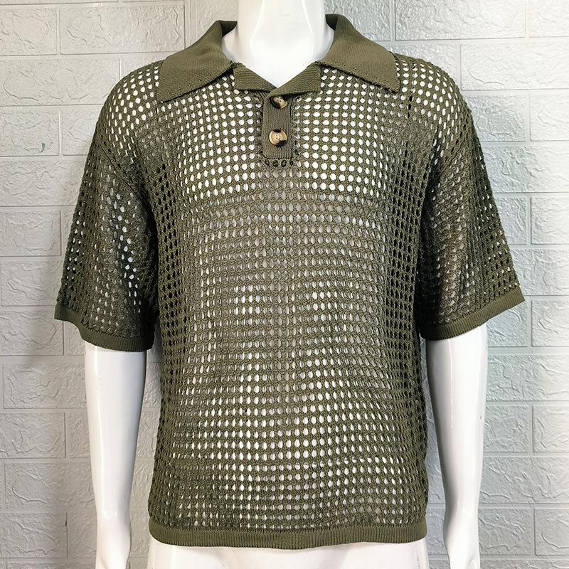 Summer Men's Lapel Hollow Knit Sweater Fashion Loose Large Size Knit Sweater