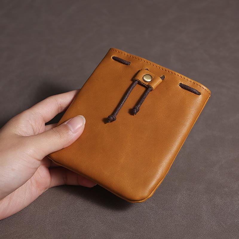 Vintage Genuine Leather Small Drawstring Coin Purse and Card Storage Bag