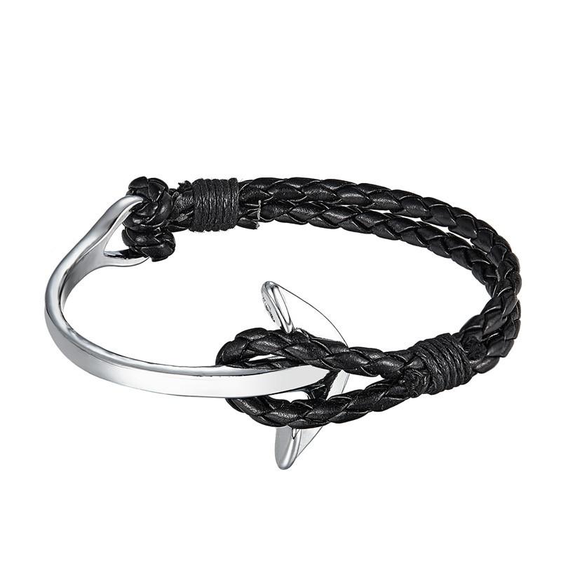 

Silver-Plated Crooked Anchor Leather Bracelet, Men S And Women S Jewelry чорний