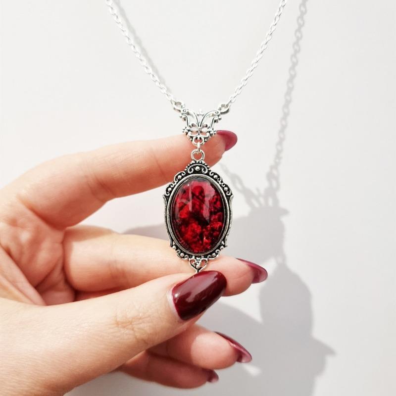 Colgante de Cristal de Cuarzo Rojo Vintage Plateado Plata Joyería de Moda Collar