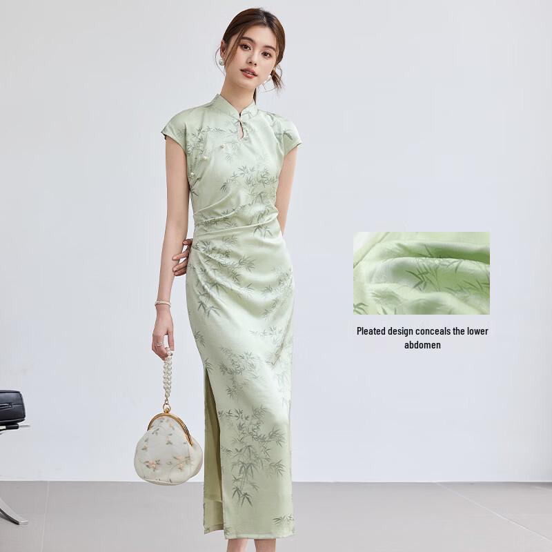 VICTORIA&VERA Summer New Chinese Style Emerald Green Bamboo Print Side Slit Cheongsam Dress