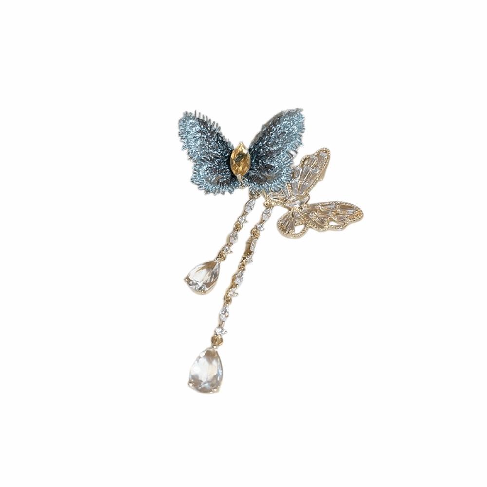 

Vintage Butterfly Tassel Brooch Metal Banquet Clothes Metal Pin Zircon Luxury Badge Pin Girls Blue 7.4cm