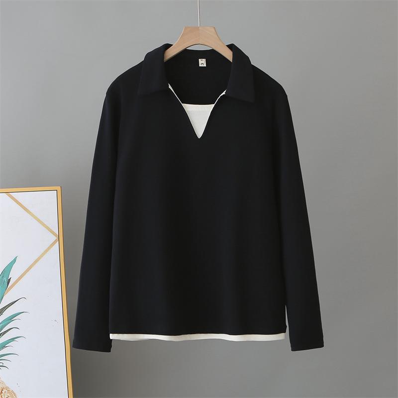 2026 Spring Plus Size Women's Long Sleeve Color Block 2-in-1 Cotton T-Shirt Slimming Top