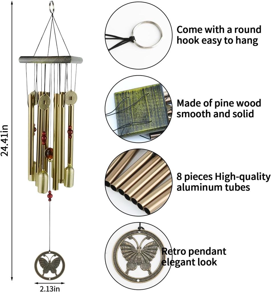 Vintage Butterfly Wind Chime for Outdoor Decor - Handcrafted Aluminum Tube Chimes with Retro Design for Garden, Patio, Balcony