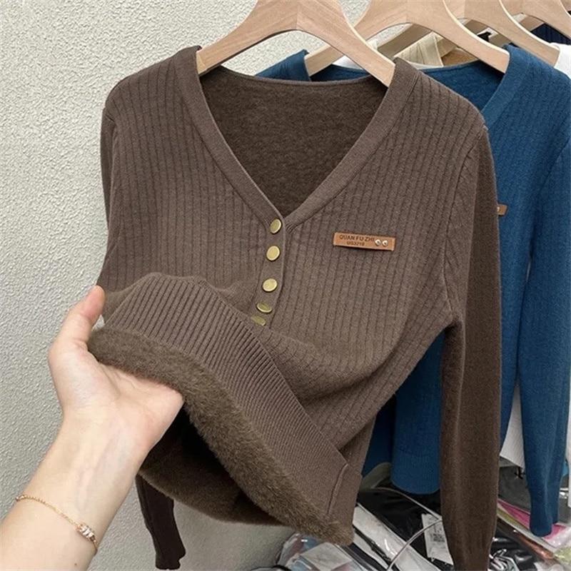 Thicken Warm Plus Velvet Winter Sweaters Women Casual V-neck Button Decoration Design Basic Solid Knit Pullover Bottomed Jumpers