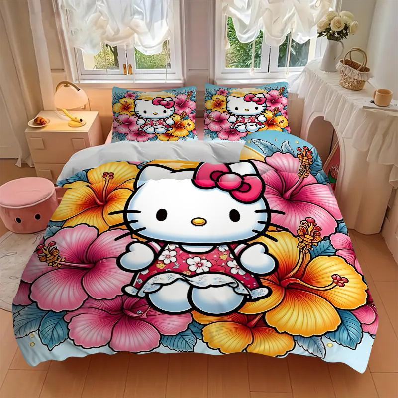 3pcs Hello Kitty in Tropical Paradise Bedding Set - Includes 1 Quilt Cover and 2 Pillowcases, Comfortable Bedding with Stylish Design for Be